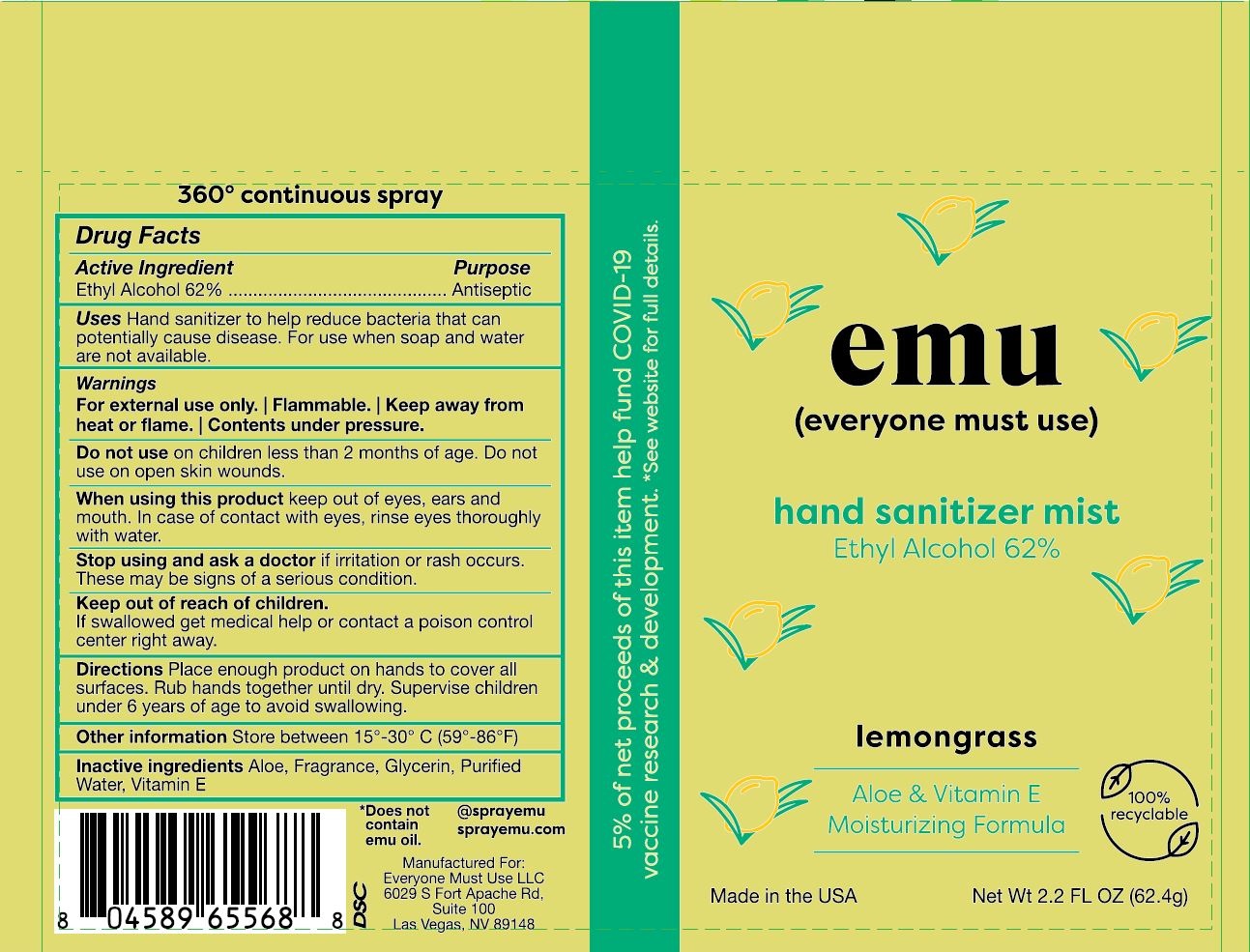 Pill image for Emu Everyone Must Use (hand Sanitizer Ethyl Alcohol 62%) Lemongrass