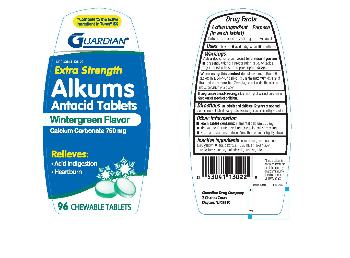 Pill image for Guardian Extra Strength Alkums Antacid Wintergreen Chewable Tablets