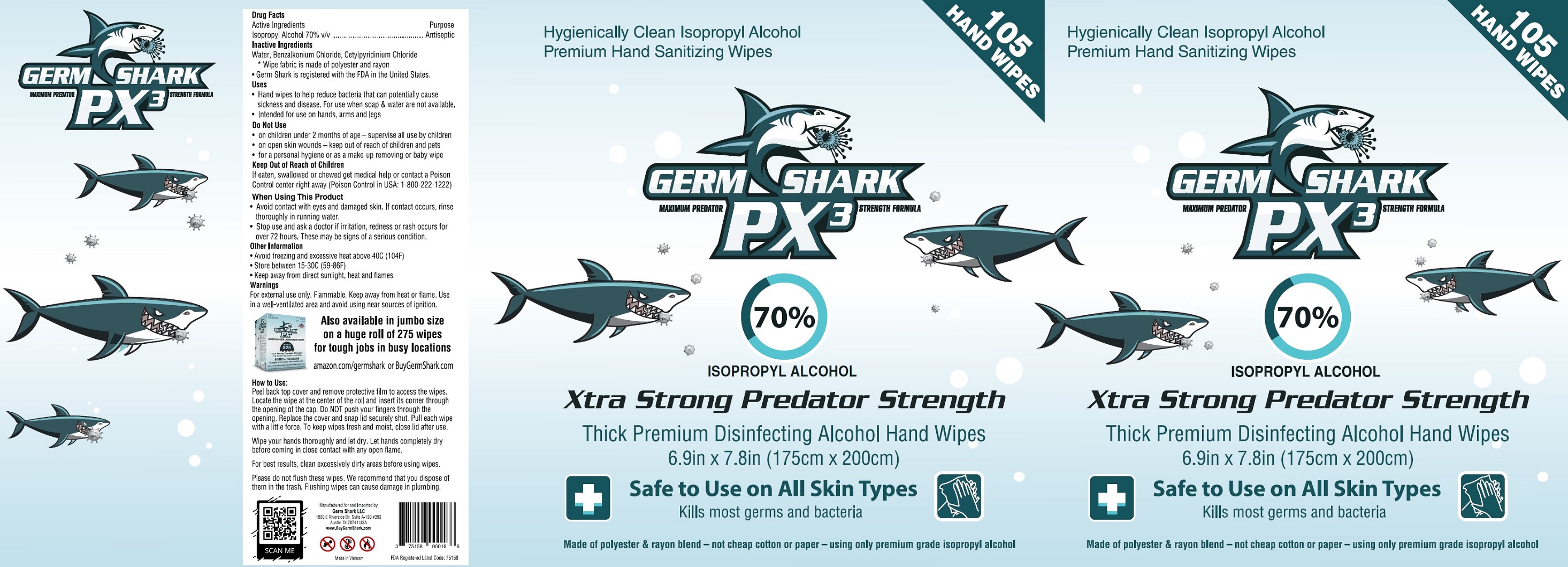 Pill image for Germ Shark Px3 Thick Premium Disinfecting Alcohol Hand Wipes 70% Isopropyl Alcohol