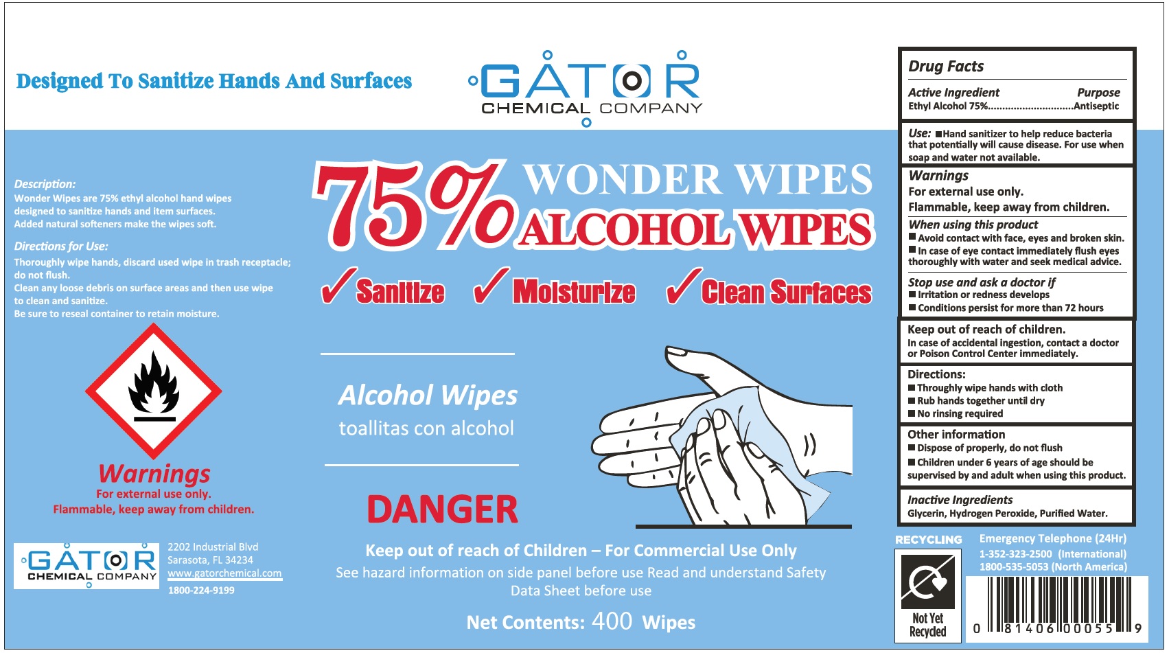 Pill image for gator chemical company wonder wipes, 75% alcohol