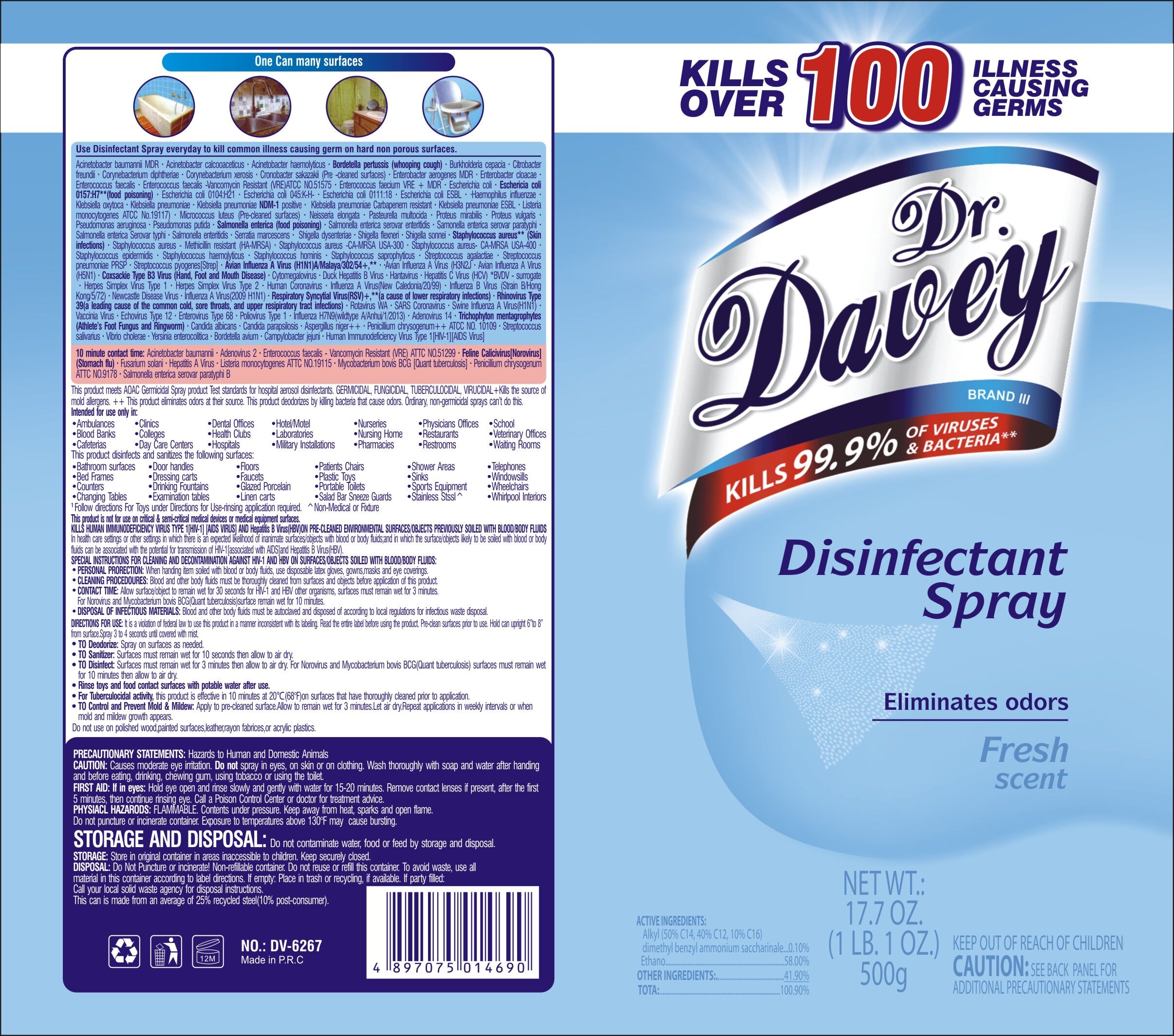 Pill image for kills over 100 illness causing germs dr.davey disinfectant spray