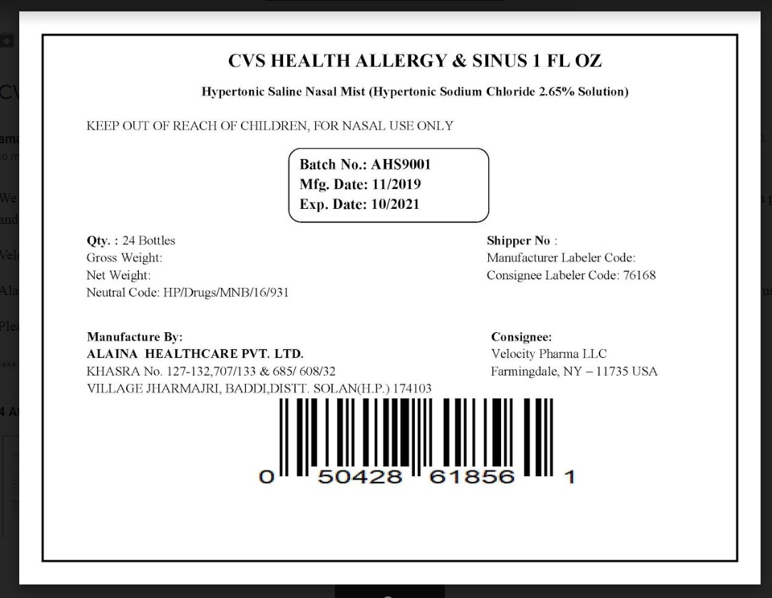Pill image for Bulk Listing: Allergy And Sinus: Hypertonic Saline Mist: Cvs Health