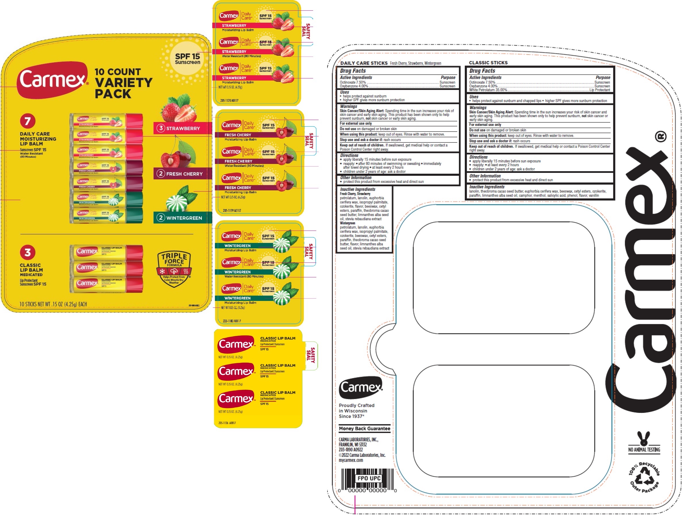 Pill image for Carmex 10 Count Variety Pack Spf 15 Sunscreen( 3 Strawberry+ 2 Fresh Cherry+ 2 Wintergreen+ 3 Classic)