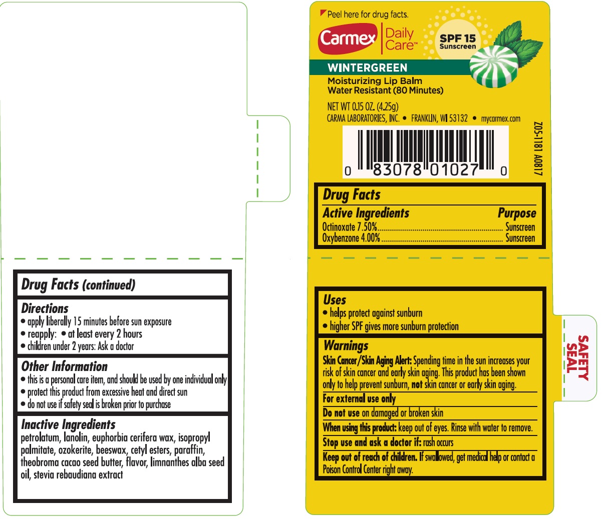 Pill image for Carmex Daily Care Moisturizing Lip Balm Wintergreen Spf 15