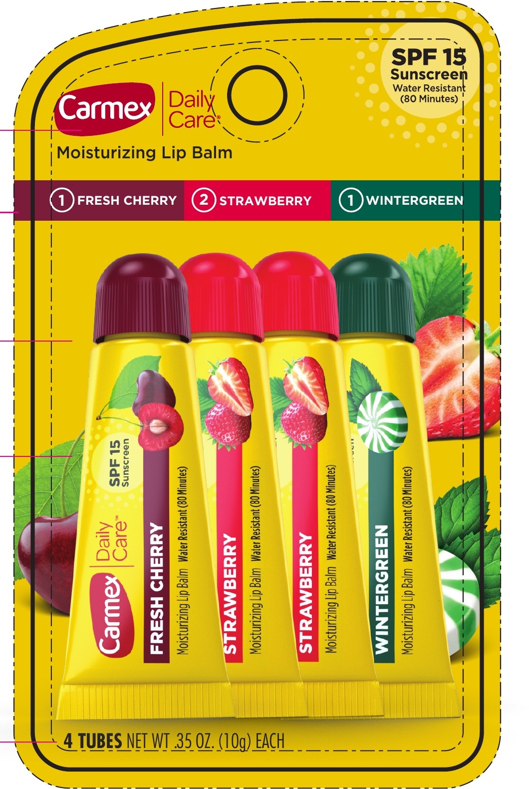 Pill image for Carmex Daily Care Moisturizing Lip Balm Spf 15 Assorted, 1 Fresh Cherry - 2 Strawberry -1 Wintergreen Kit