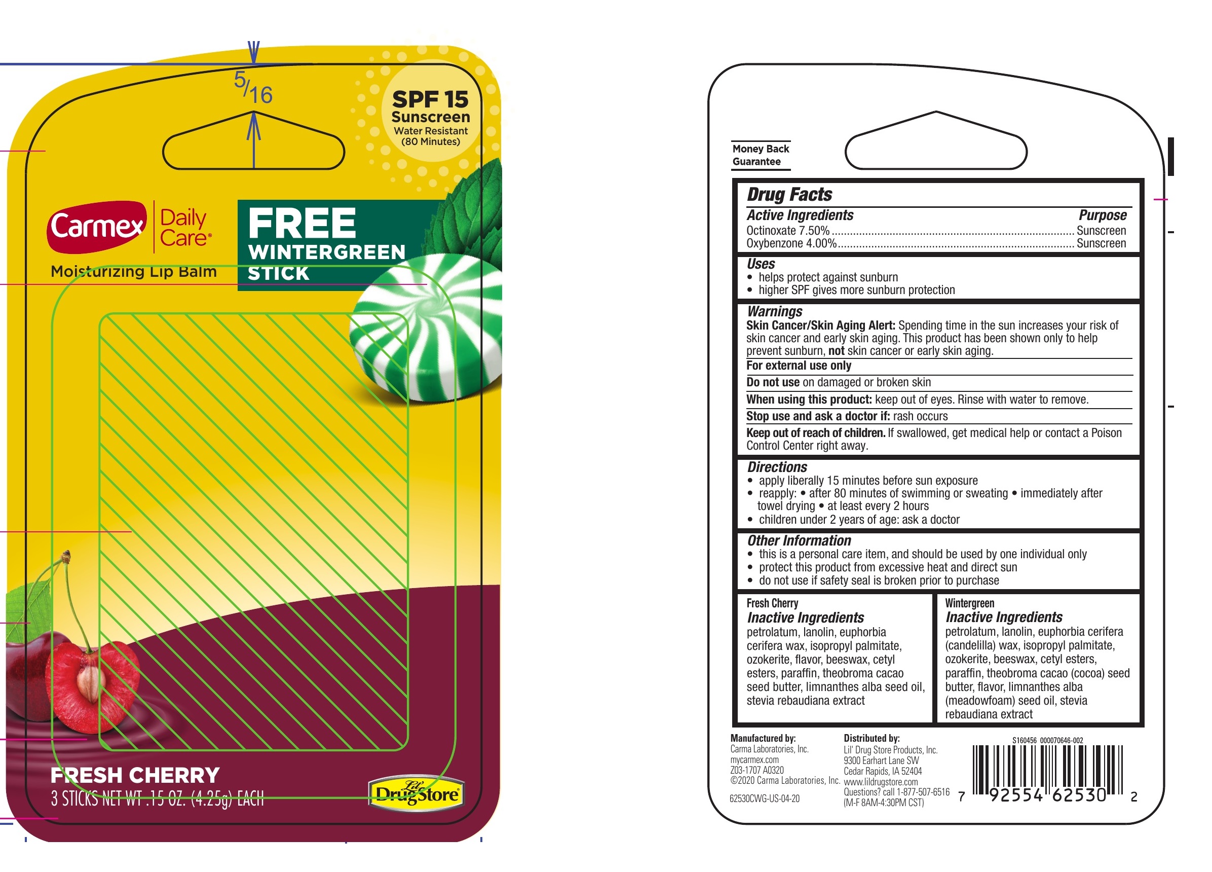 Pill image for Carmex Daily Care Moisturizing Lip Balm Free Wintergreen & Fresh Cherry Spf 15, 2 Fresh Cherry -1 Wintergreen, Kit