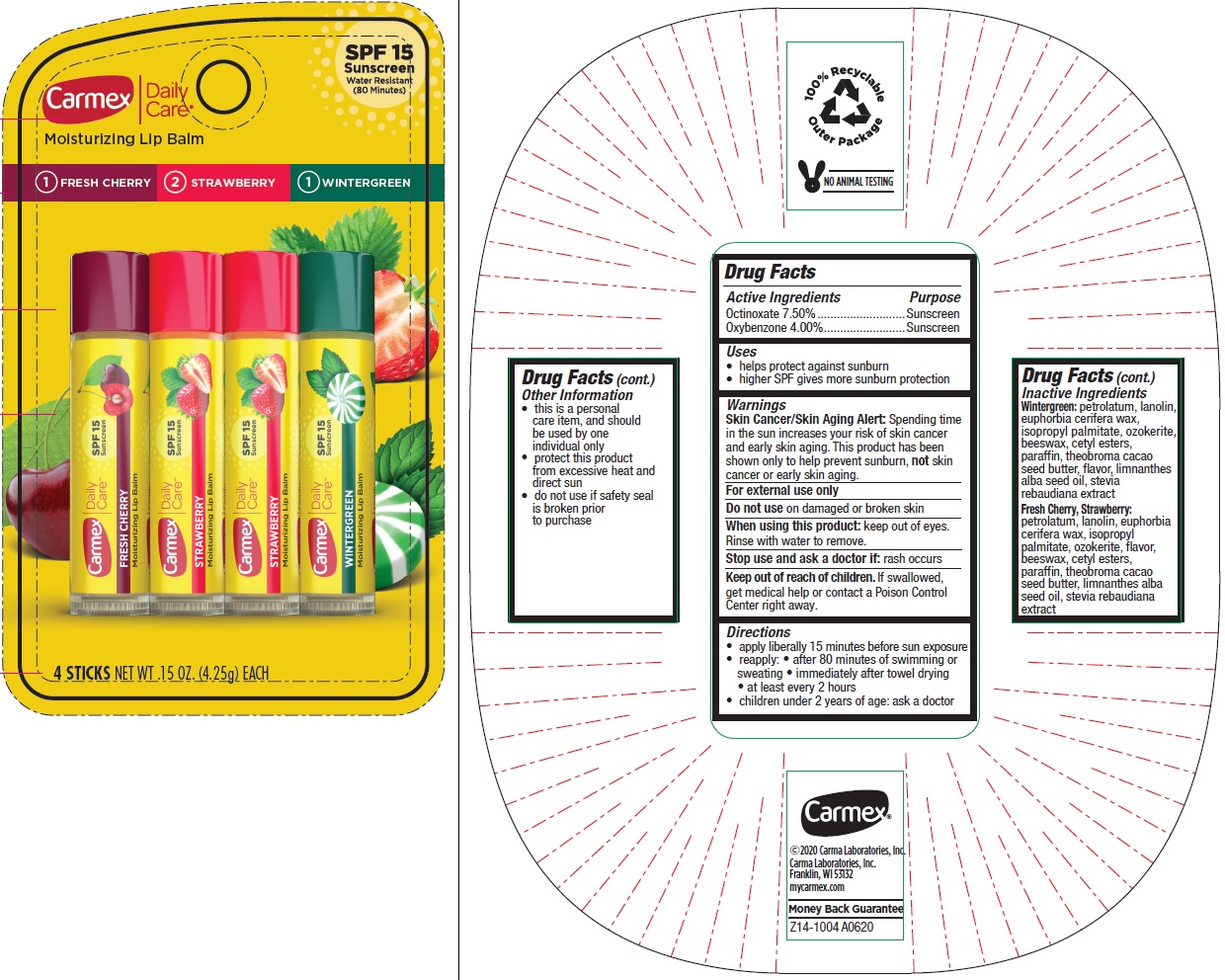 Pill image for Carmex Daily Care Moisturizing Lip Balm Spf 15 Assorted, 1 Fresh Cherry - 2 Strawberry -1 Wintergreen, Kit