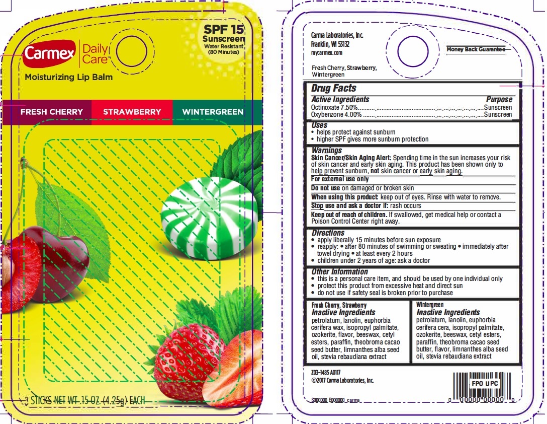 Pill image for Carmex Daily Care Moisturizing Lip Balm Favorites Spf 15, 1 Fresh Cherry -1 Strawberry - 1 Wintergreen, Kit