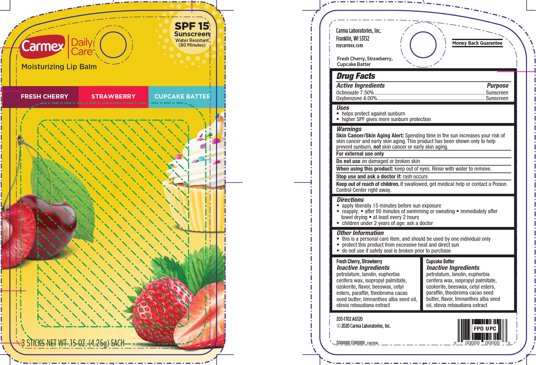 Pill image for Carmex Daily Care Moisturizing Lip Balm Sweets Spf 15 , 1 Fresh Cherry - 1 Strawberry - 1 Cupacake Batter