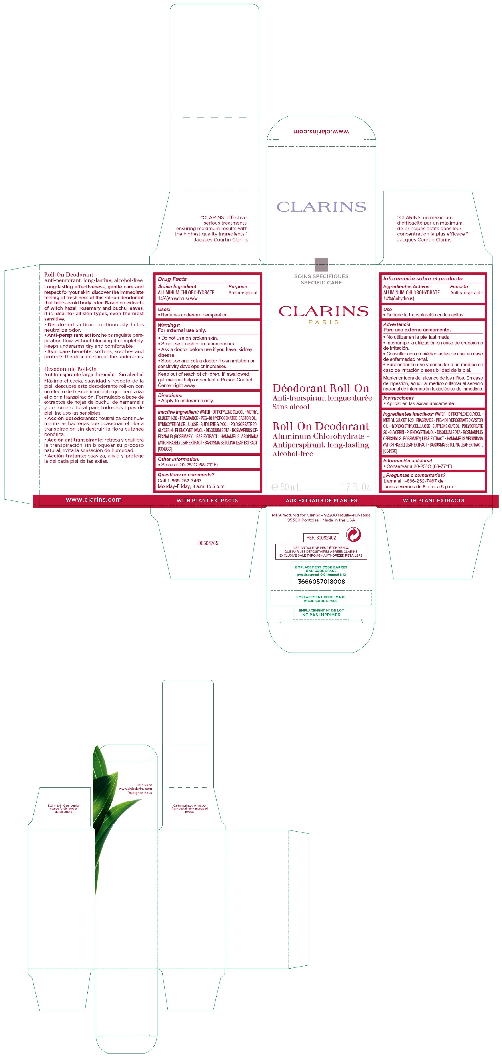 Pill image for Clarins - Roll-on Deodorant Aluminum Chlorohydrate - Antiperspirant, Long-lasting, Alcohol-free