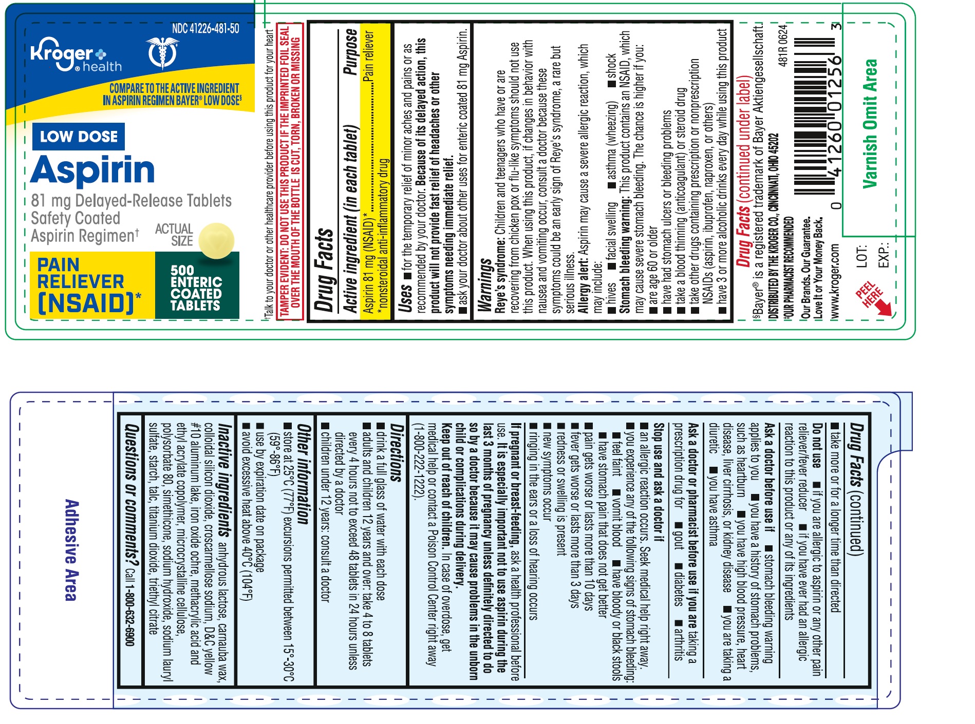 Pill image for 481r Kroger 41226-481 Aspirin 81 Mg Delayed-release Tablets