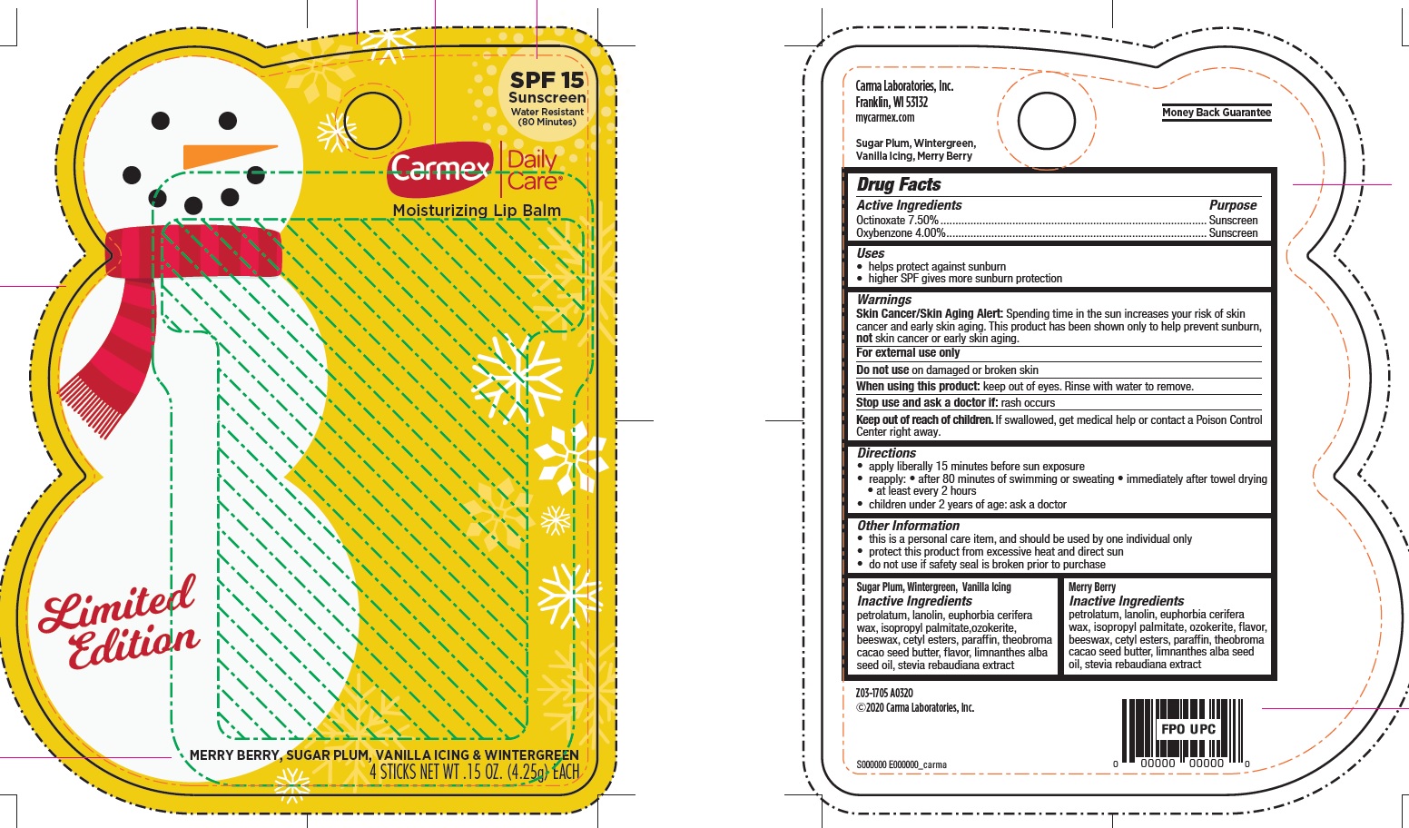 Pill image for Carmex Daily Care Moisturizing Lip Balm Holiday Spf 15, 1 Merry Bery- 1 Sugar Plum- 1 Vanilla Icing - 1 Wintergreen, Kit