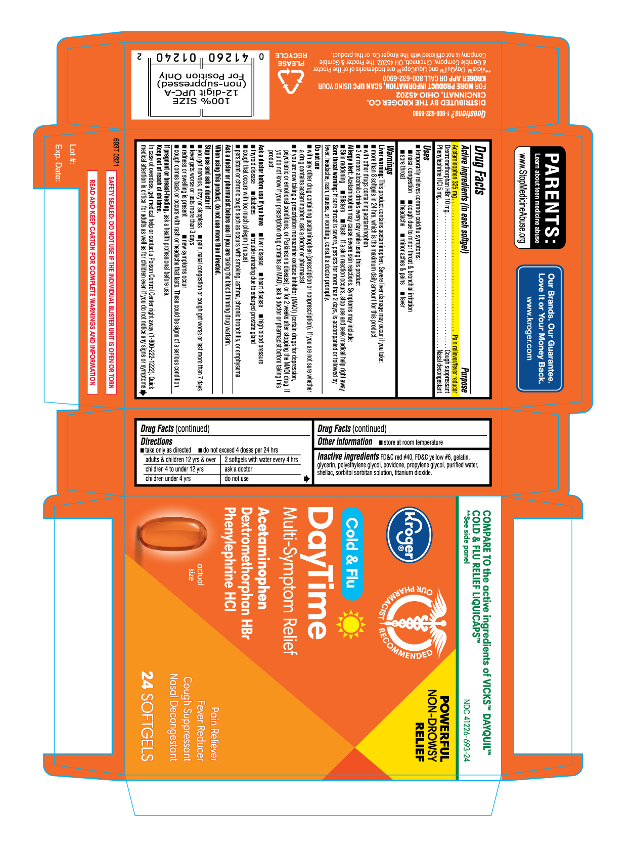 Pill image for 693t Kroger 41226 693 Acetaminophen Dextromethorphan Hydrobromide Phenylephrine Hydrochloride Ct 24