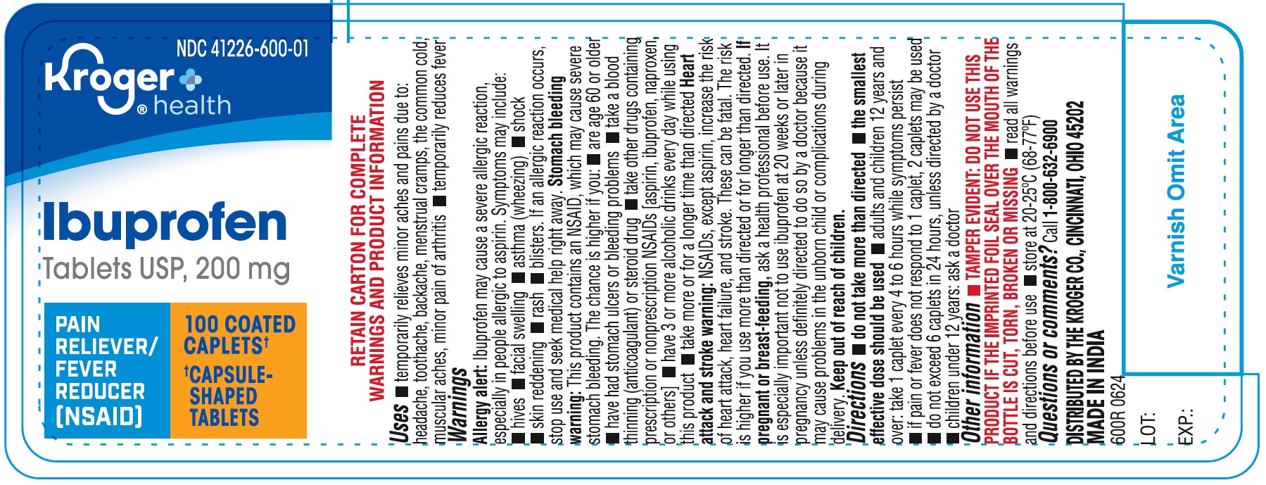 Pill image for 600r Kroger 41226 600 Ibuprofen Tablets Usp 200 Mg (brown Caplet)