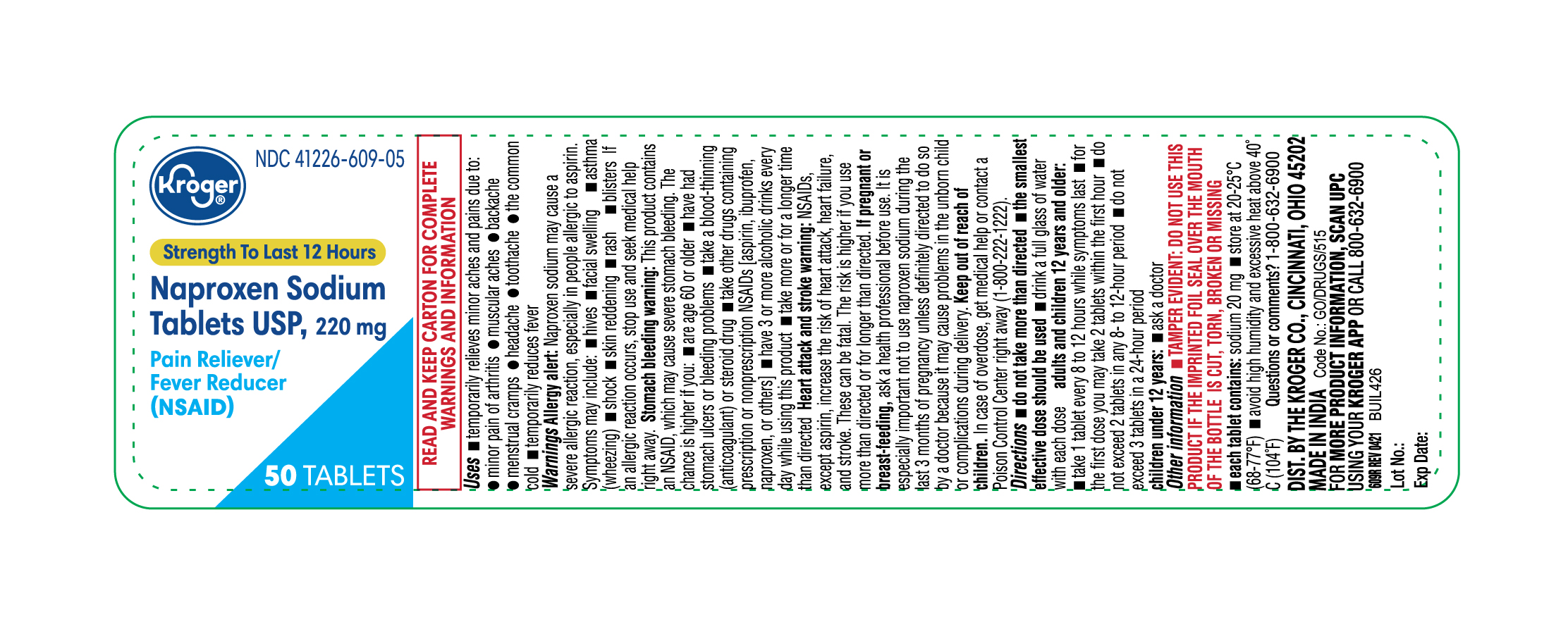 Pill image for 609r Kroger 41226 609 Naproxen Sodium Tablets Usp,220mg 50ct