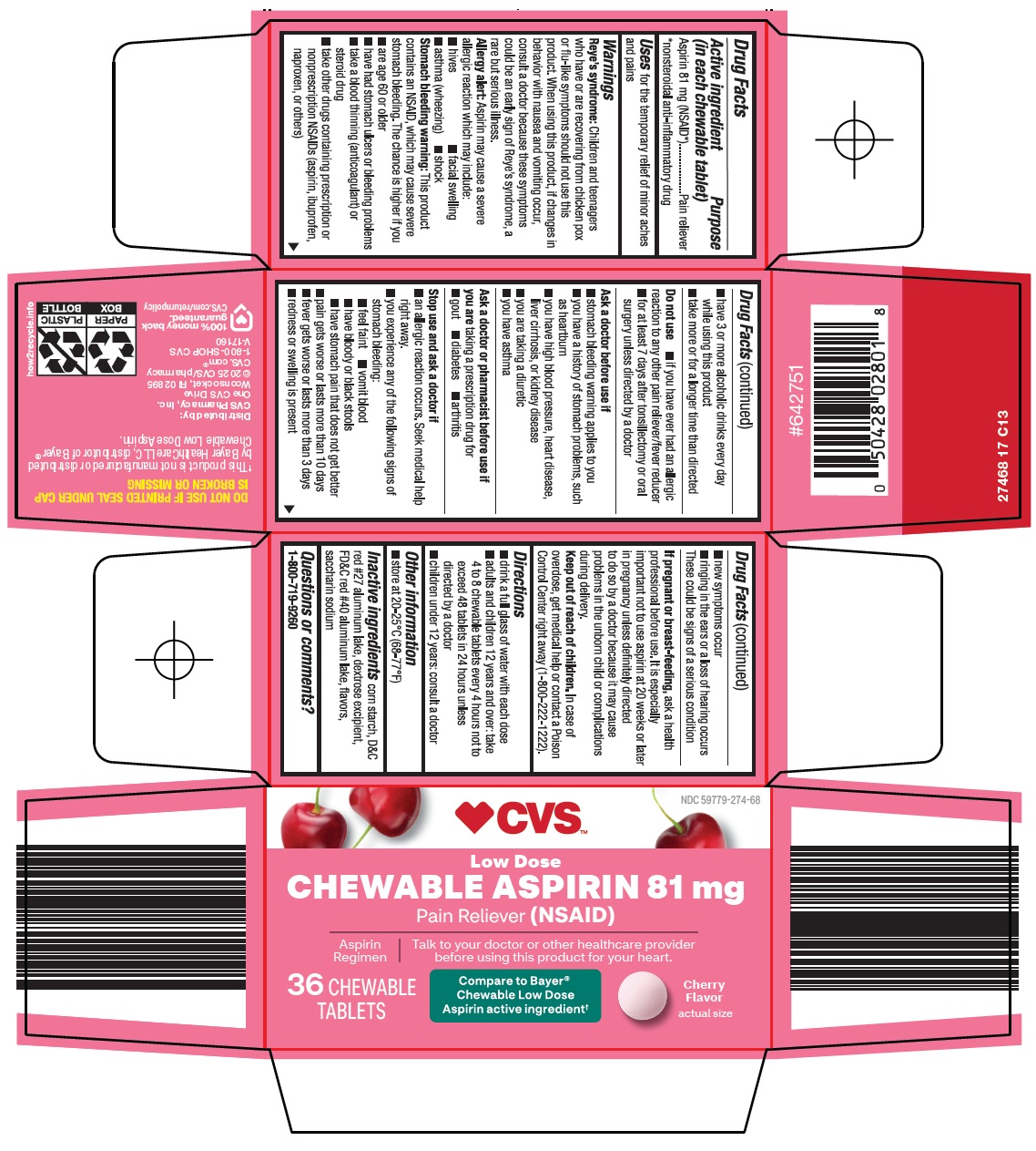 Pill image for Cvs Pharmacy, Inc. Chewable Aspirin 81 Mg Drug Facts