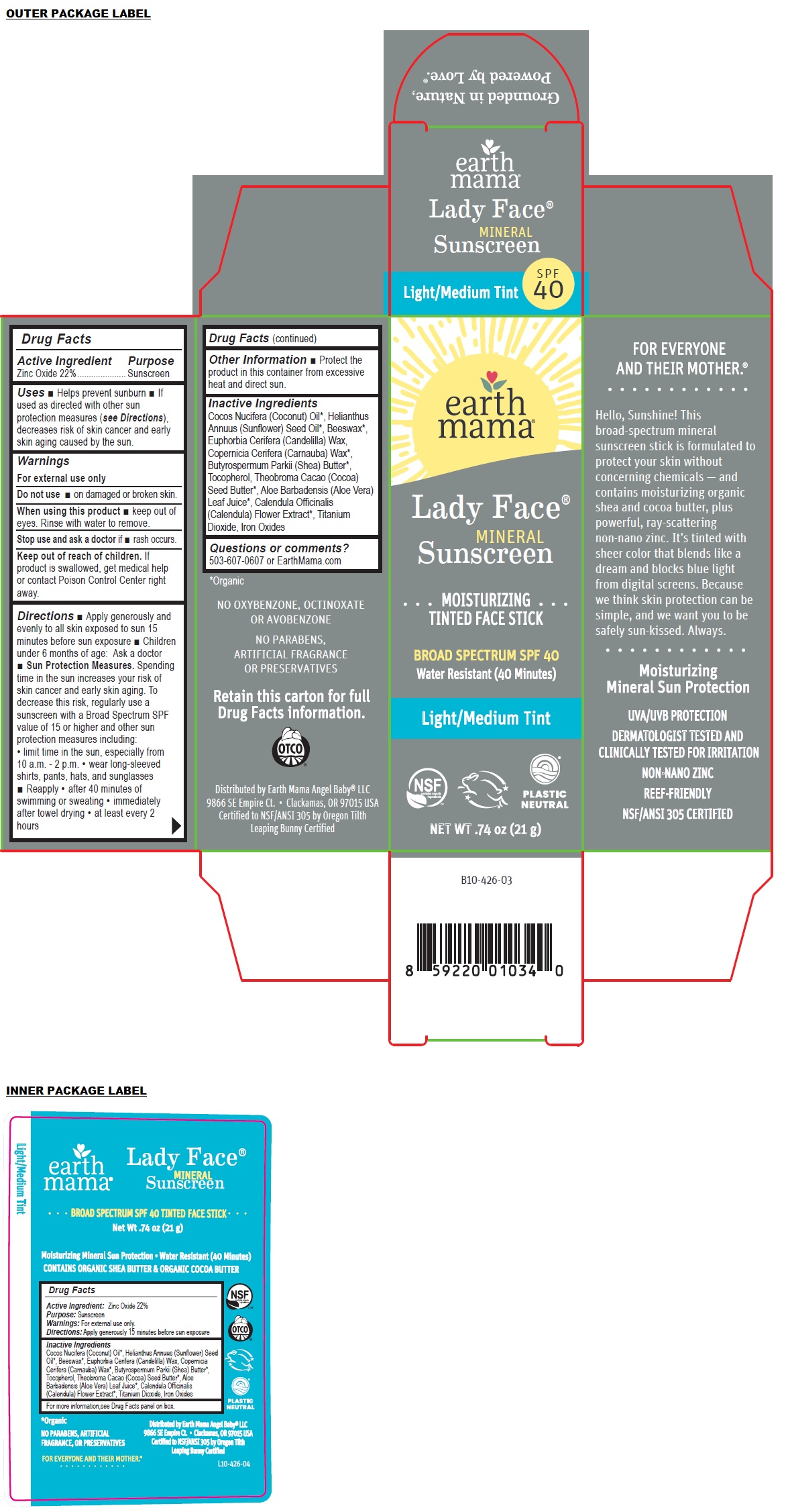 Pill image for Earth Mama Lady Face Mineral Sunscreen - Light/medium Tint Broad Spectrum Spf 40