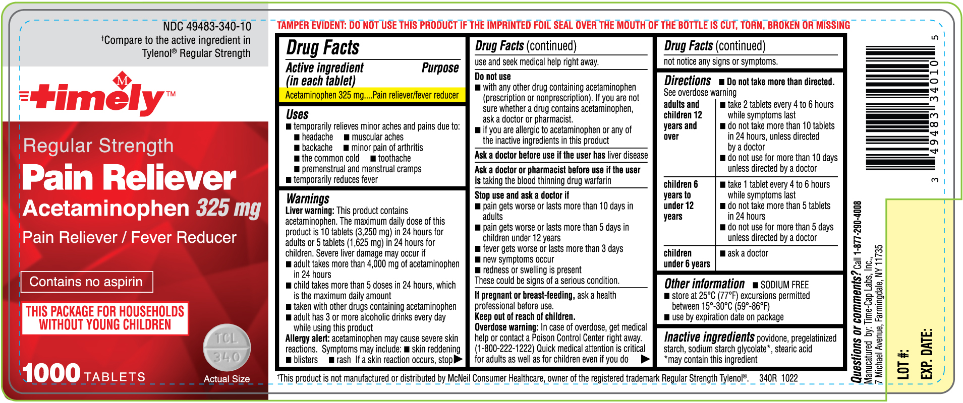 Pill image for 340r Timely 49483-340 Acetaminophen 325 Mg Tablets