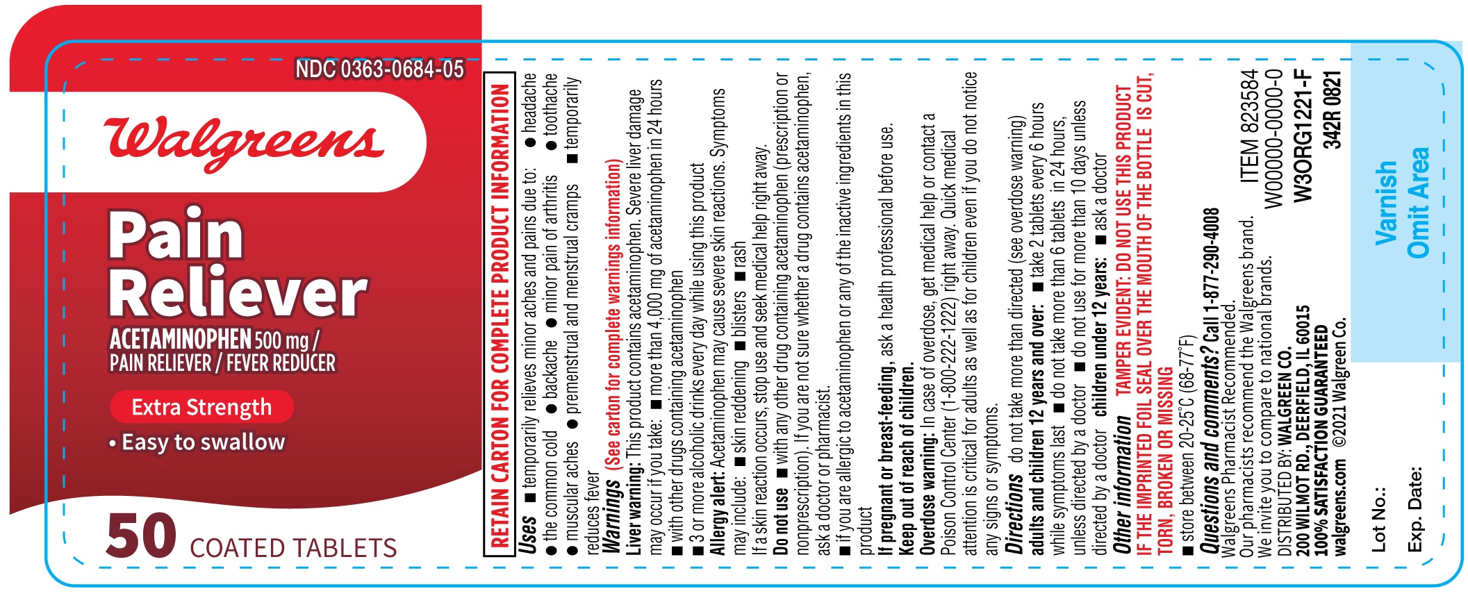 Pill image for 342r Walgreens 0363 0684 Acetaminophen 500 Mg 50s