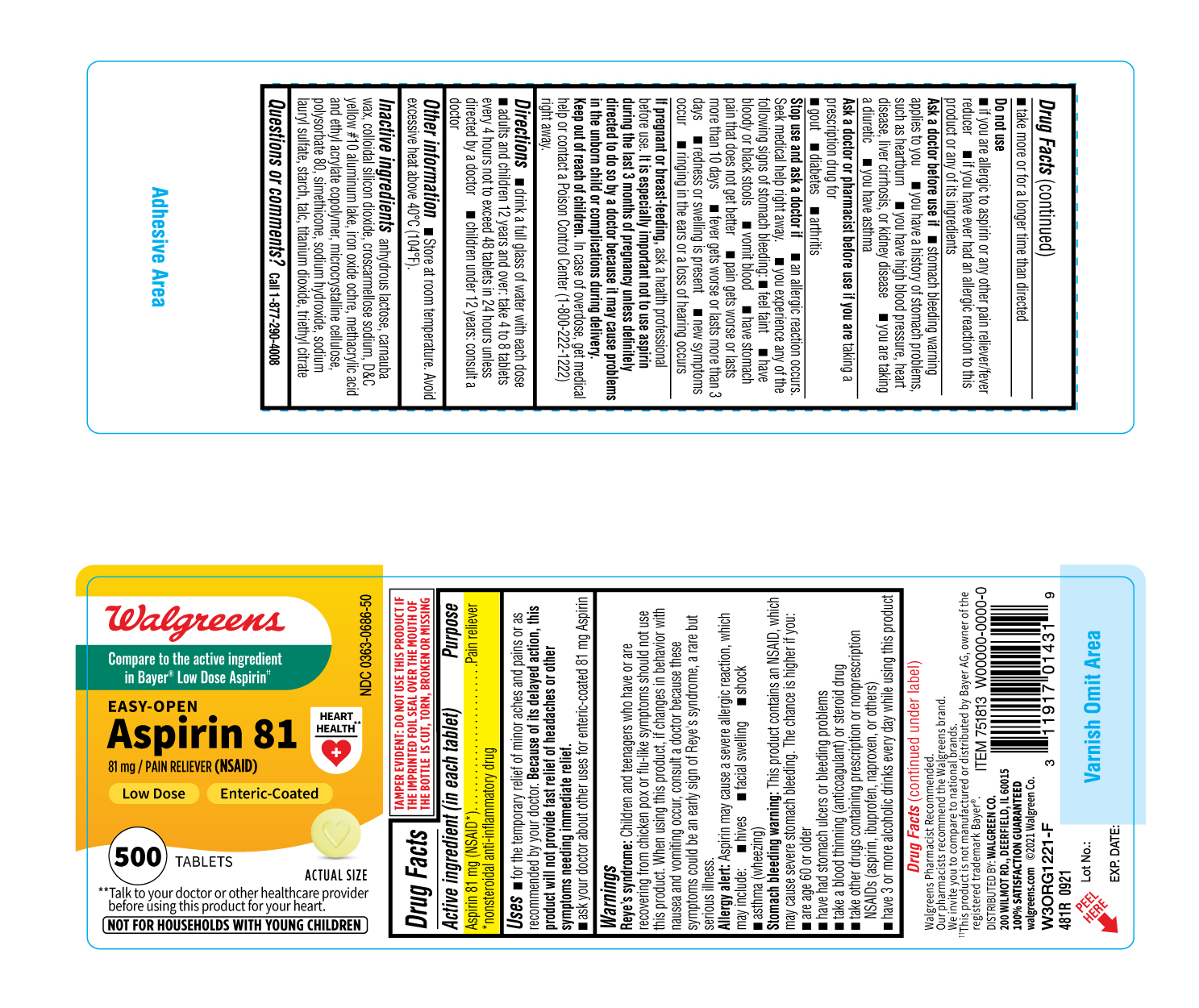 Pill image for 481r Walgreens 0363-0686 Aspirin 81 Mg Tablets 500 Ct