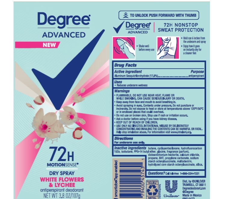 Pill image for Degree Advanced White Flowers & Lychee Dry Spray 72h Antiperspirant Deodorant