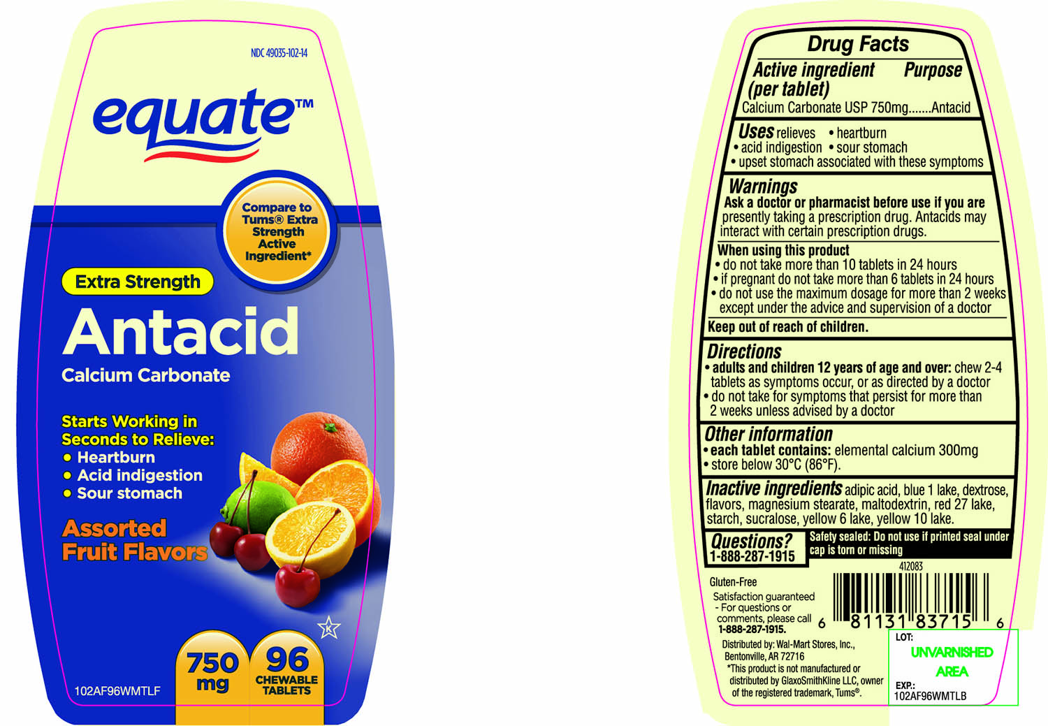 Pill image for Equate Extra Strength Antacid Calcium Carbonate Chewable Tablets
