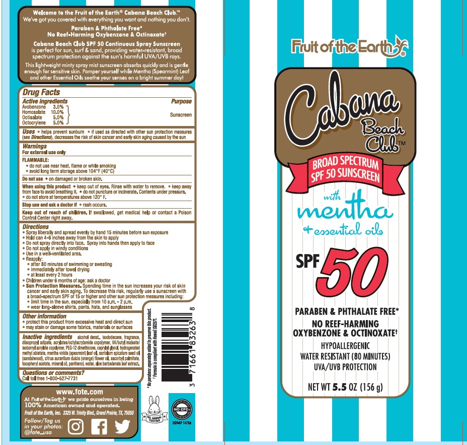 Pill image for Fruit Of The Earth Cabana Beach Club With Mentha And Essential Oils Spf 50 Continuous Spray