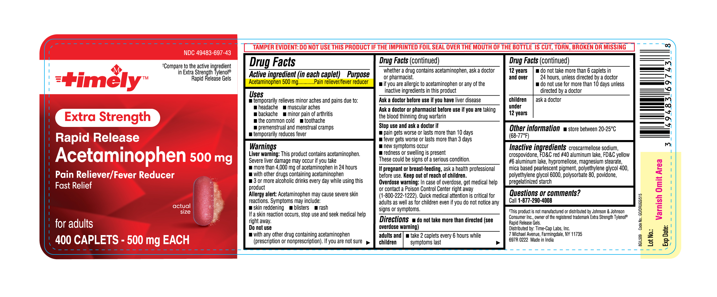 Pill image for 697r Timely 49483-697 Extra Strength Acetaminophen 500 Mg Rapid Release 400 Count