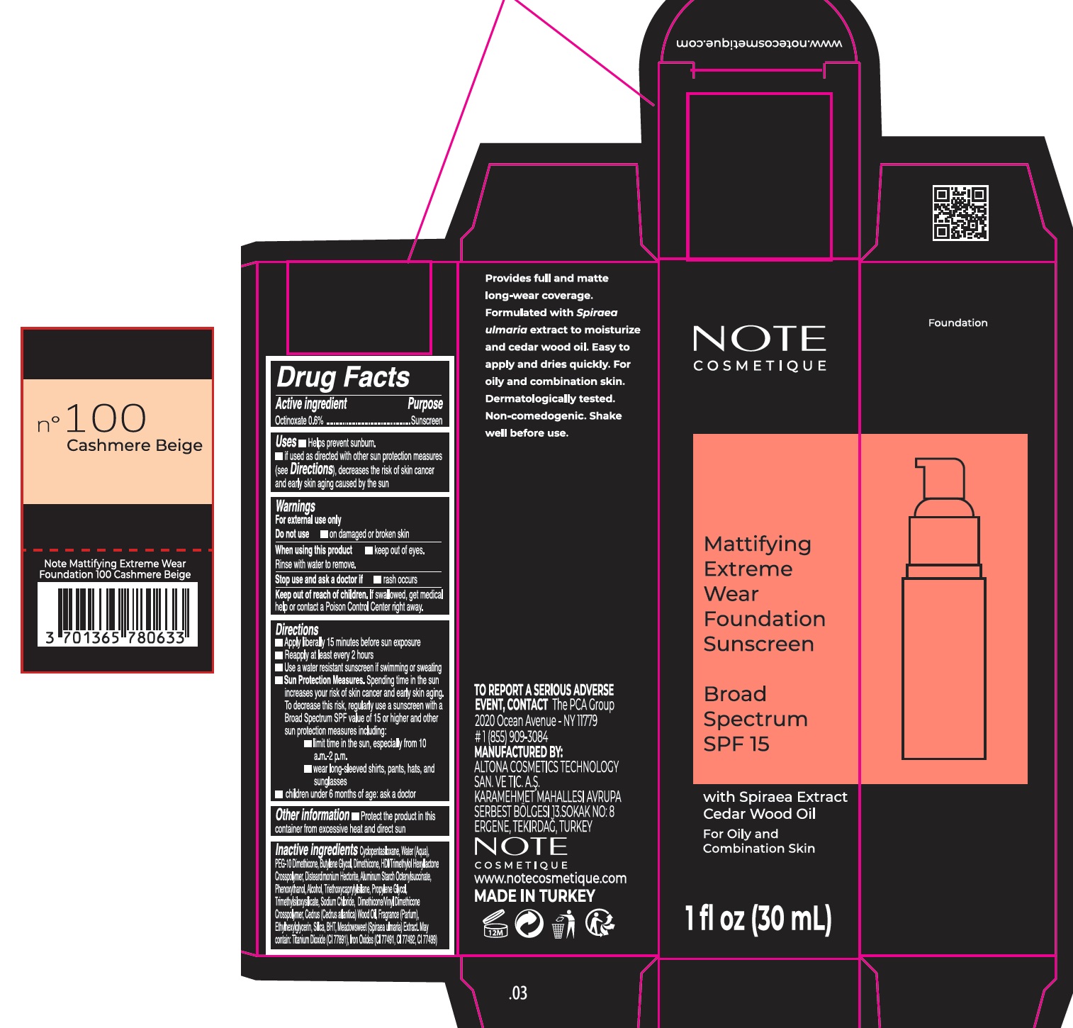 Pill image for Note Mattifying Extreme Wear Foundation Spf 15, 100 Cashmere Beige