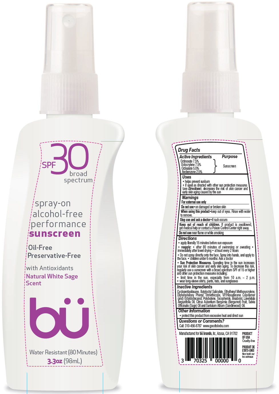 Pill image for Bü Spf 30 Broad Spectrum Spray On Alcohol-free Performance Sunscreen - Natural White Sage Scent