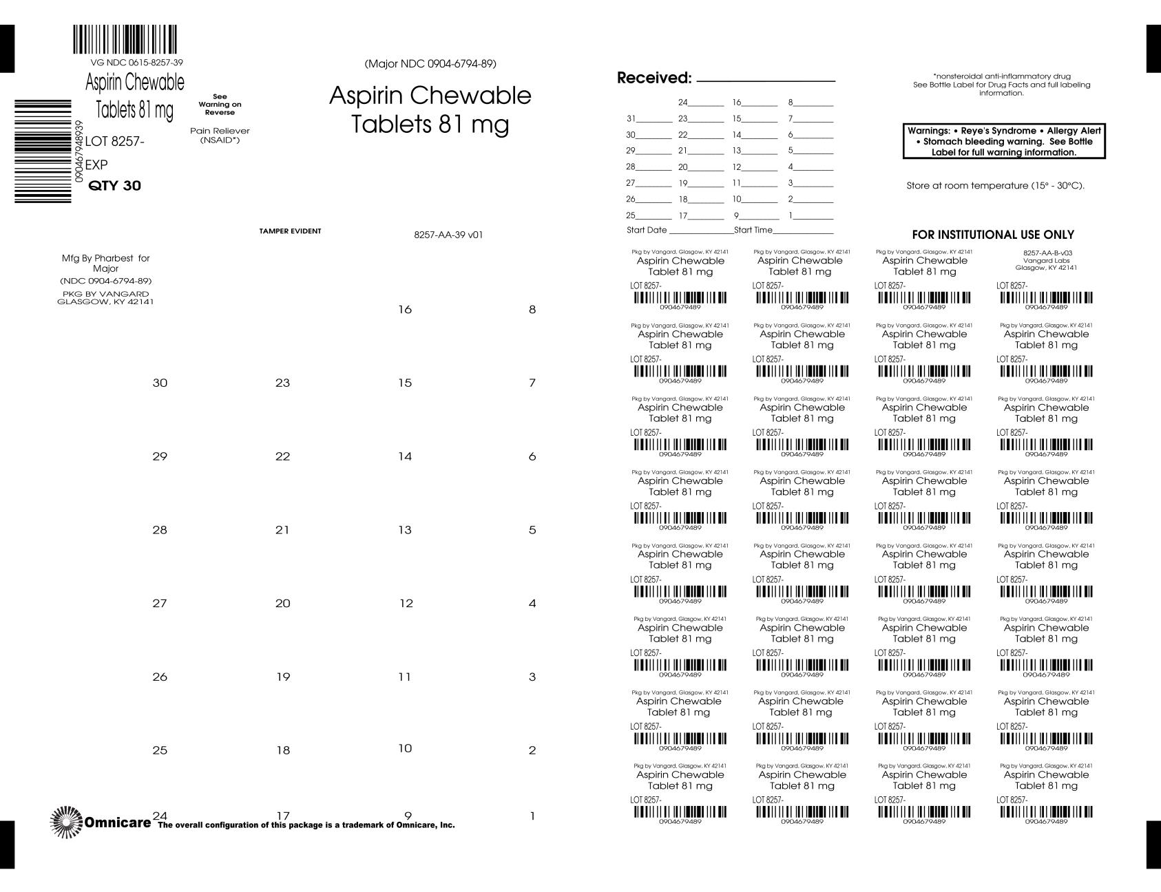 Pill image for Aspirin Chewable Tabs 8257