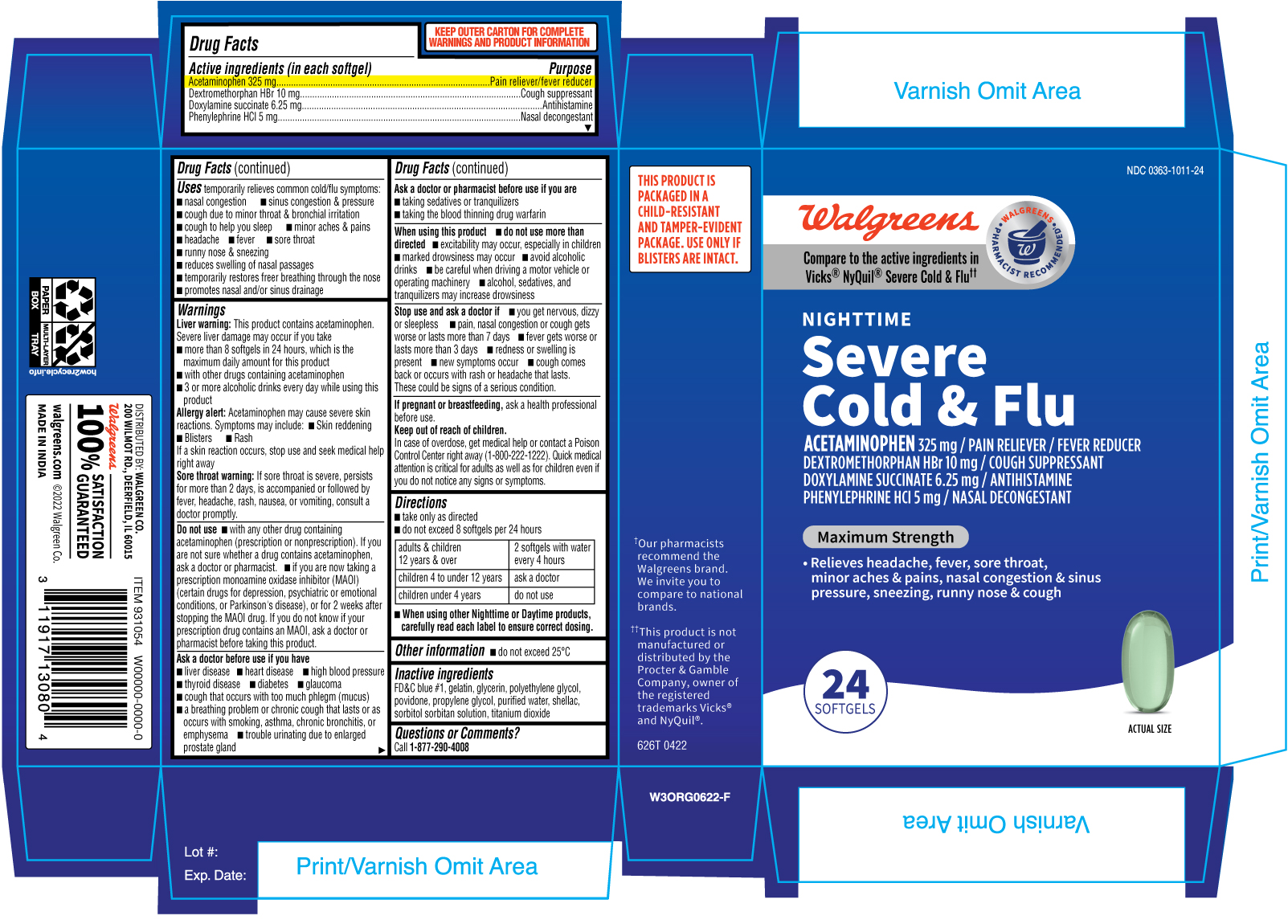 Pill image for 626t Walgreens 0363-1011 Nighttime Severe Cold And Flu 24 Ct
