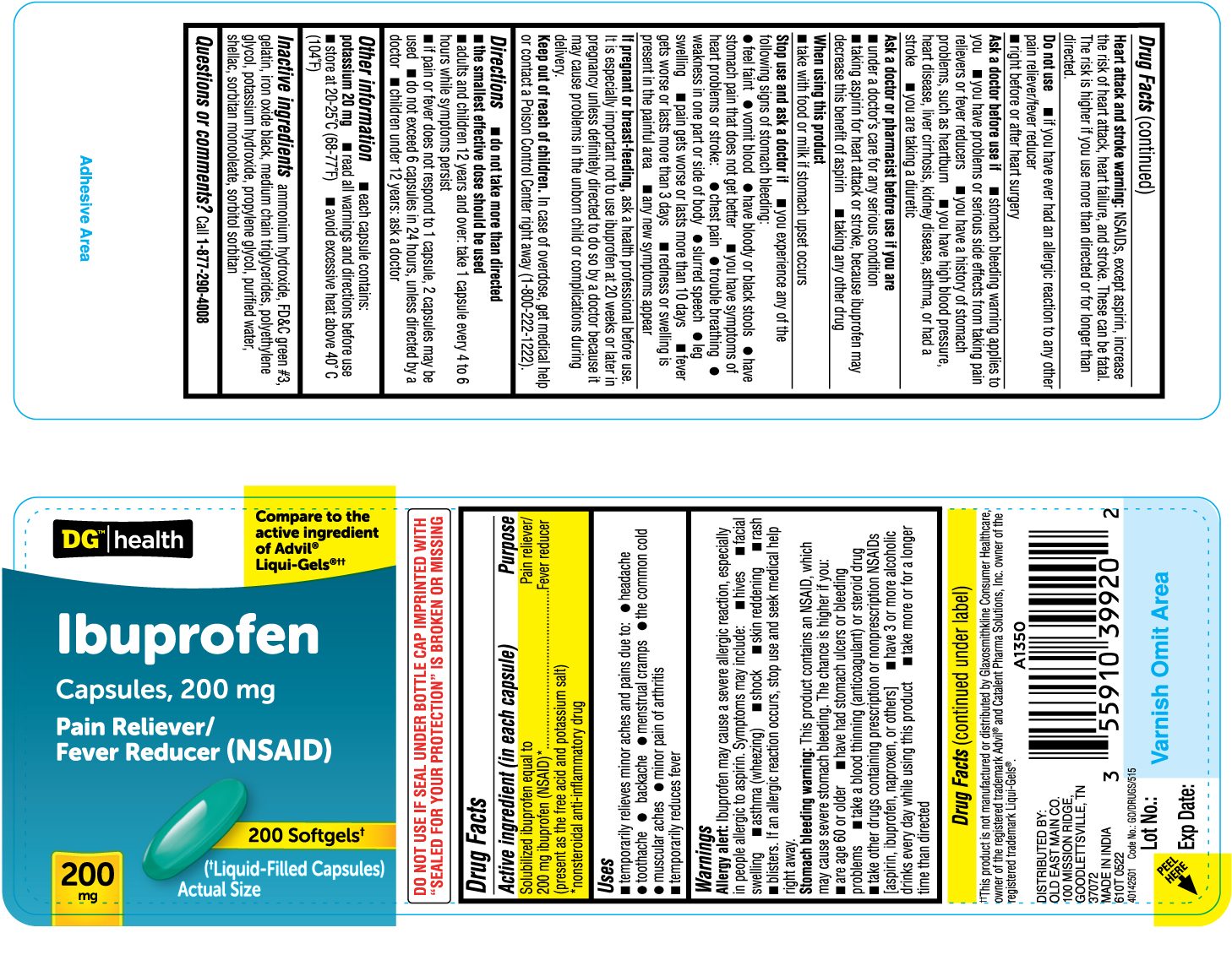Pill image for 610t Dollar General 55910-399 Ibuprofen Capsules 200 Mg