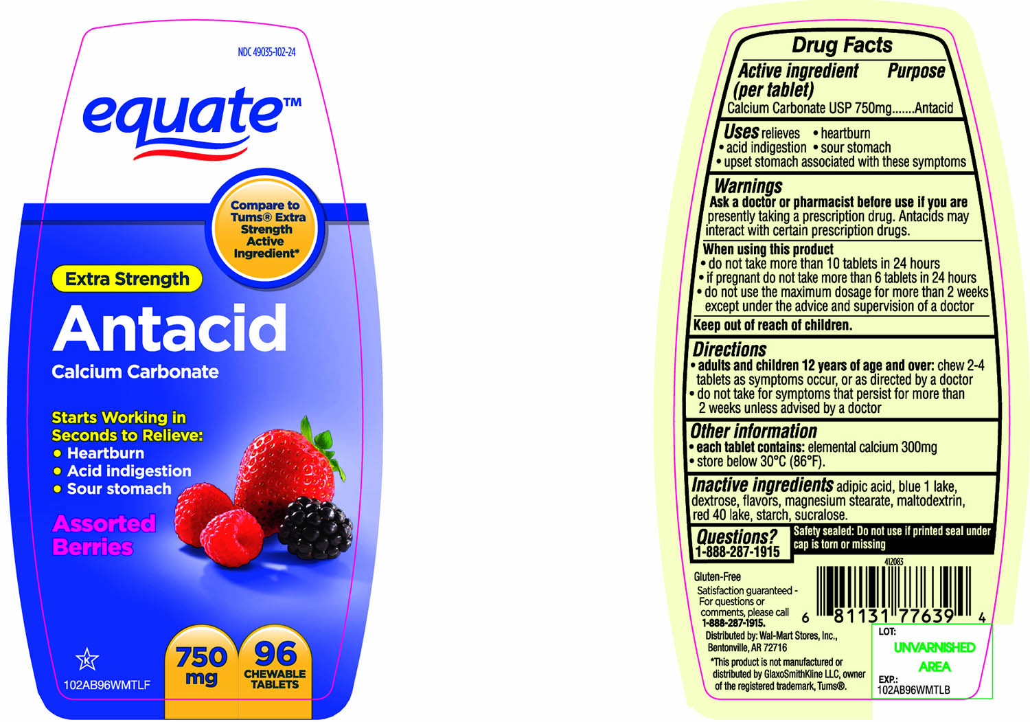 Pill image for Equate Extra Strength Antacid Calcium Carbonate Assorted Berries Chewable Tablets