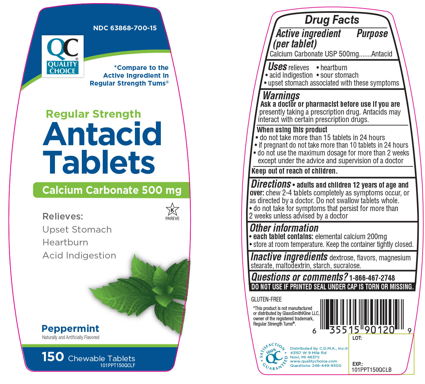 Pill image for Quality Choice Regular Strength Peppermint Flavor Antacid Drug Facts