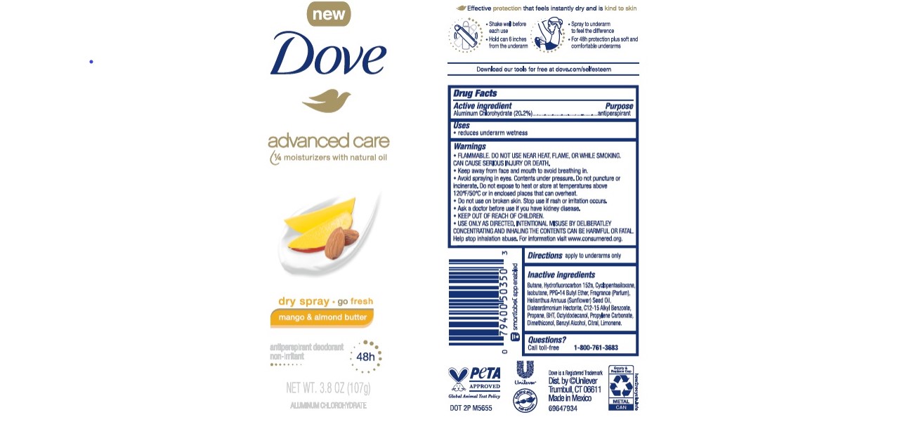 Pill image for Dove Advanced Care Dry Spray Mango & Almond Butter 48h Antiperspirant Deodorant