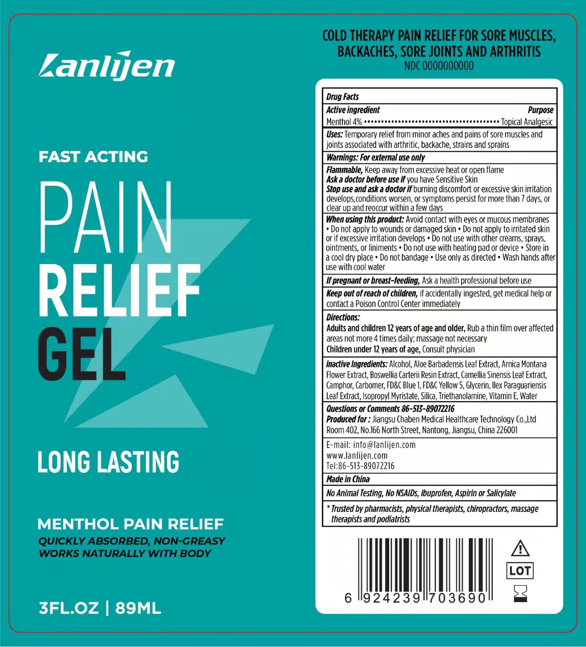 Pill image for Lanlijen, Menthol Pain Relief, 3fl.oz/89ml, Gel