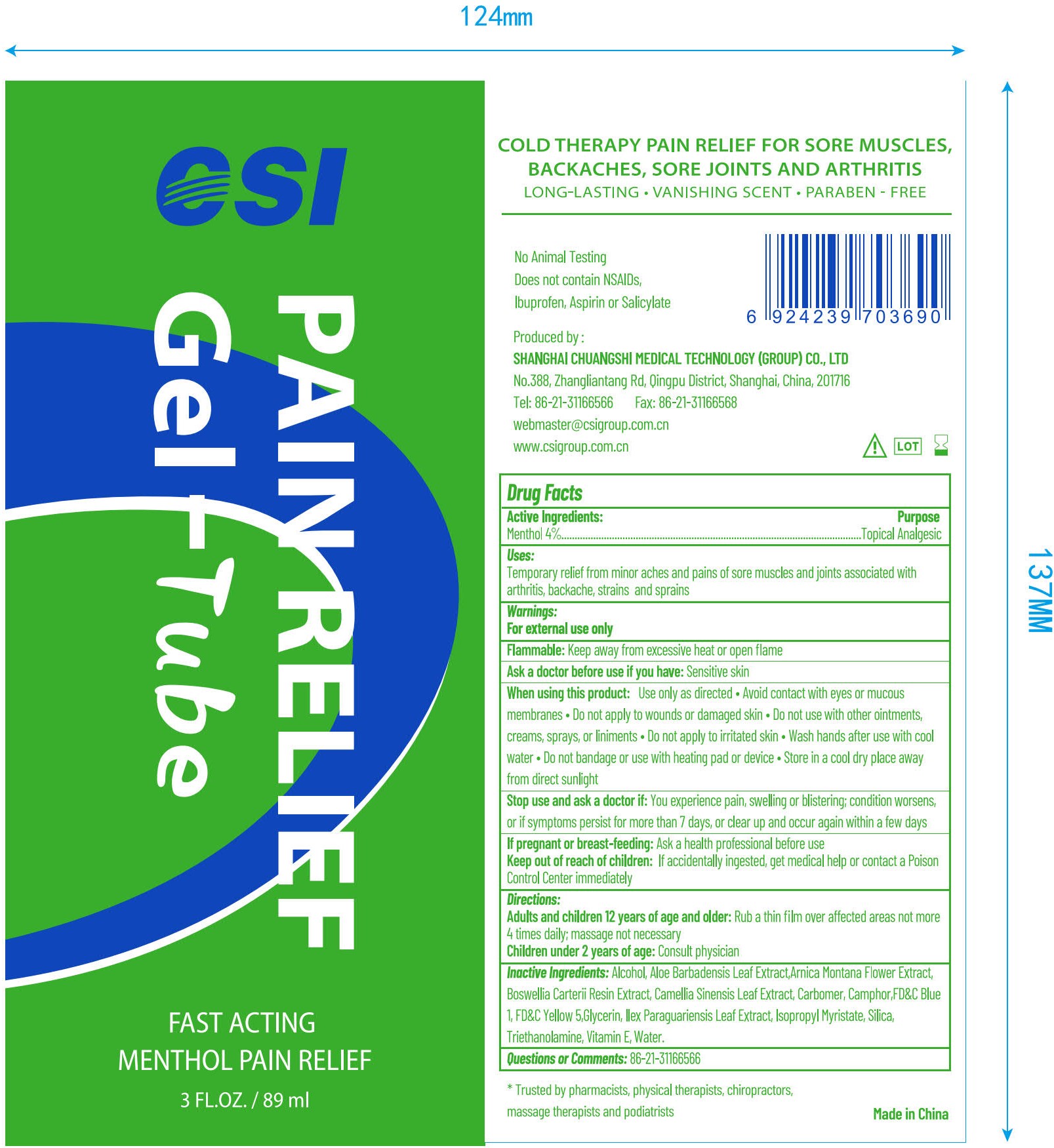 Pill image for Csi, Menthol, Pain Relief Gel-tube, 3.0 Fl. Oz / 89 Ml, Gel, Tube
