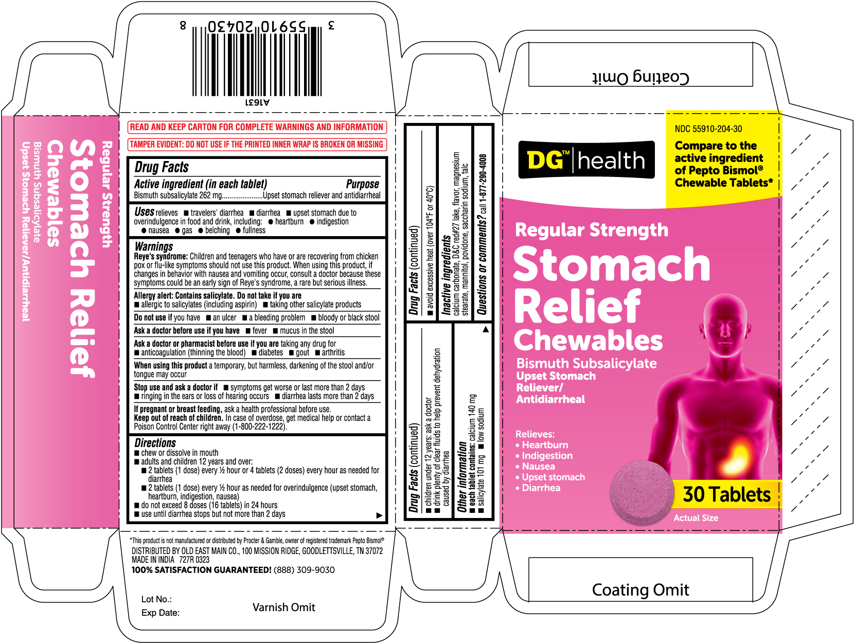 Pill image for 727r Dollar General 55910-204 Bismuth Subsalicylate Tablets 262 Mg