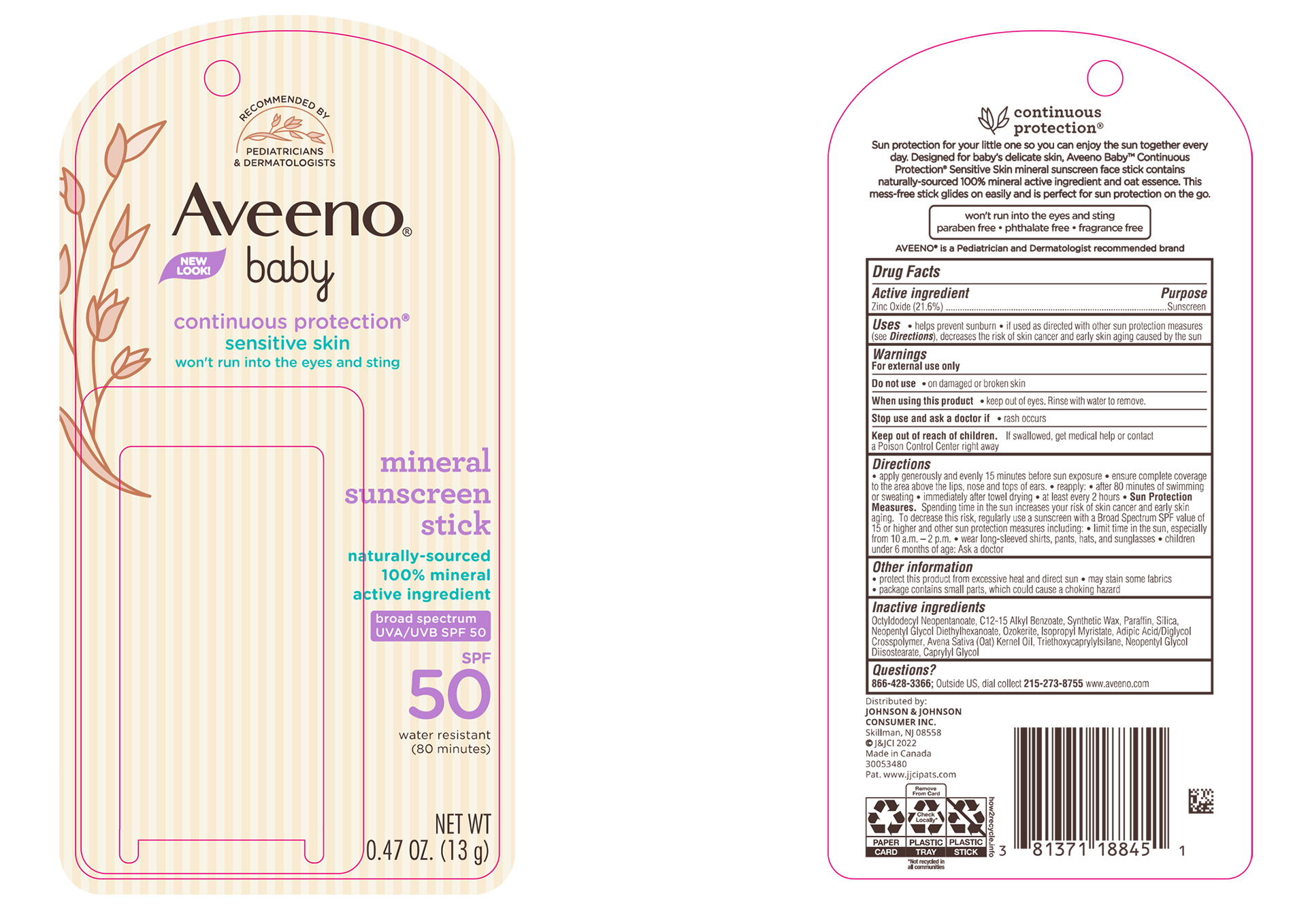 Pill image for Aveeno Baby Continuous Protection Sensitive Skin Mineral Sunscreen Stick Broad Spectrum Spf 50