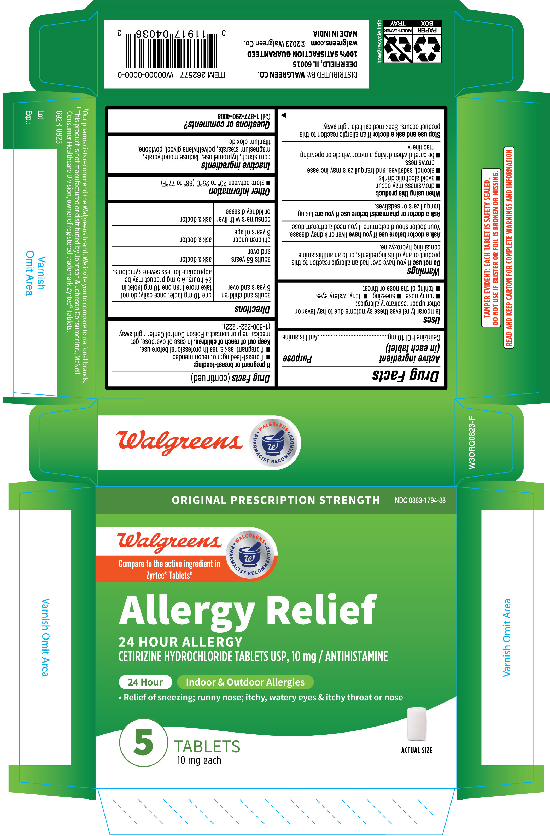 Pill image for 692r Walgreens 0363-1794 Cetirizine Hcl Tablets Usp, 10 Mg