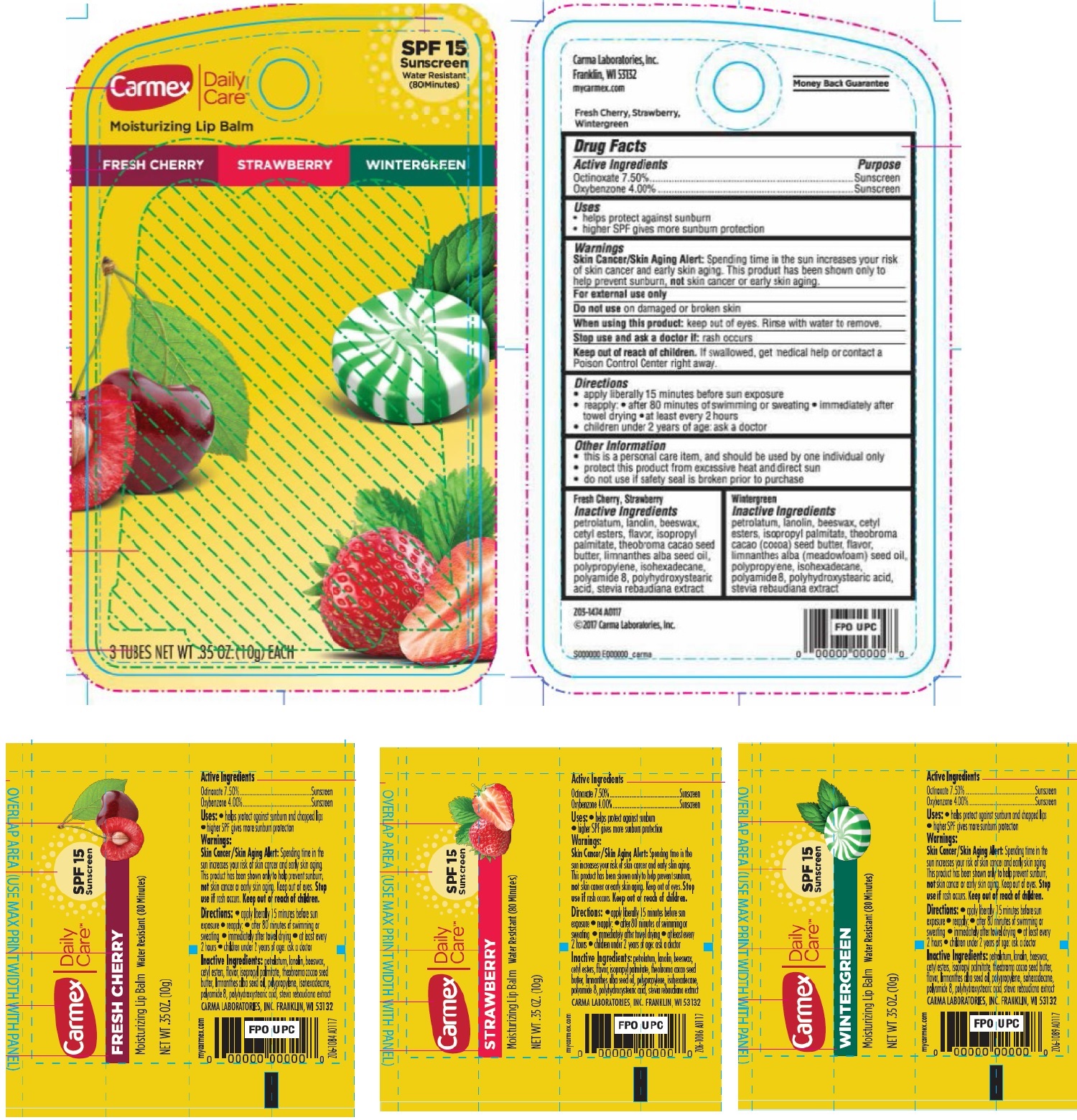 Pill image for Carmex Daily Care Moisturizing Lip Balm Sunscreen Spf 15, 1+ Fresh Cherry + 1 Strawberry + 1 Wintergreen