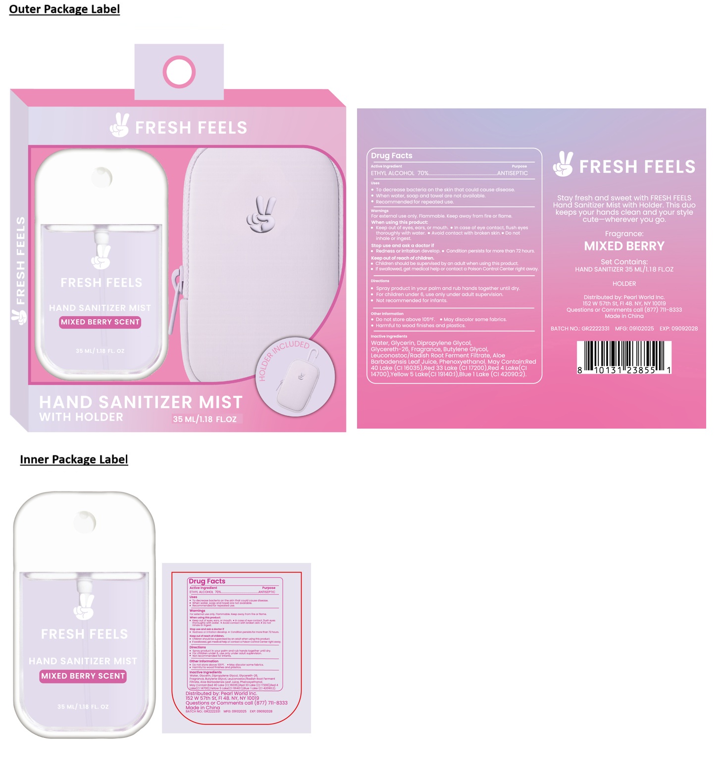 Pill image for fresh feels hand sanitizer mist with holder mixed berry scent