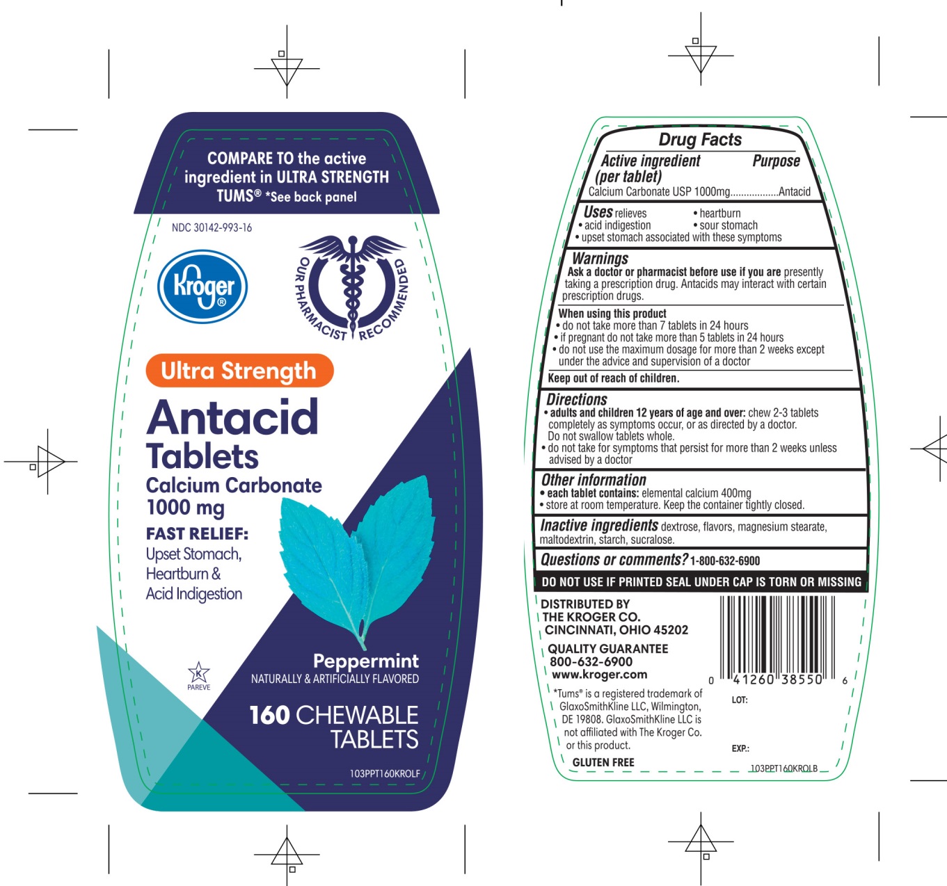 Pill image for Kroger Ultra Strength Antacid Tablets Calcium Carbonate 1000mg Peppermint Flavor