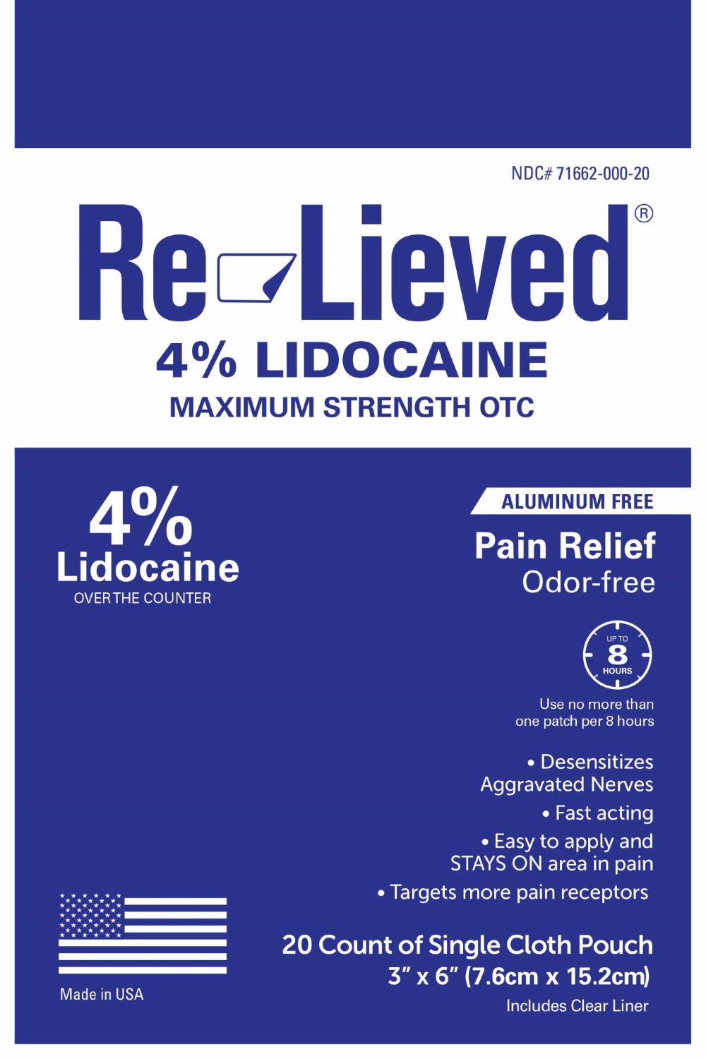 Pill image for Re-lieved Lidocaine 4% Patch; 20 Pouches Of Cloth Patches Per Package